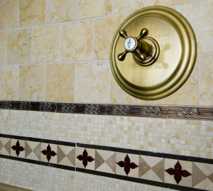 detail custom tile work bathroom wall hot cold control handles shower gym